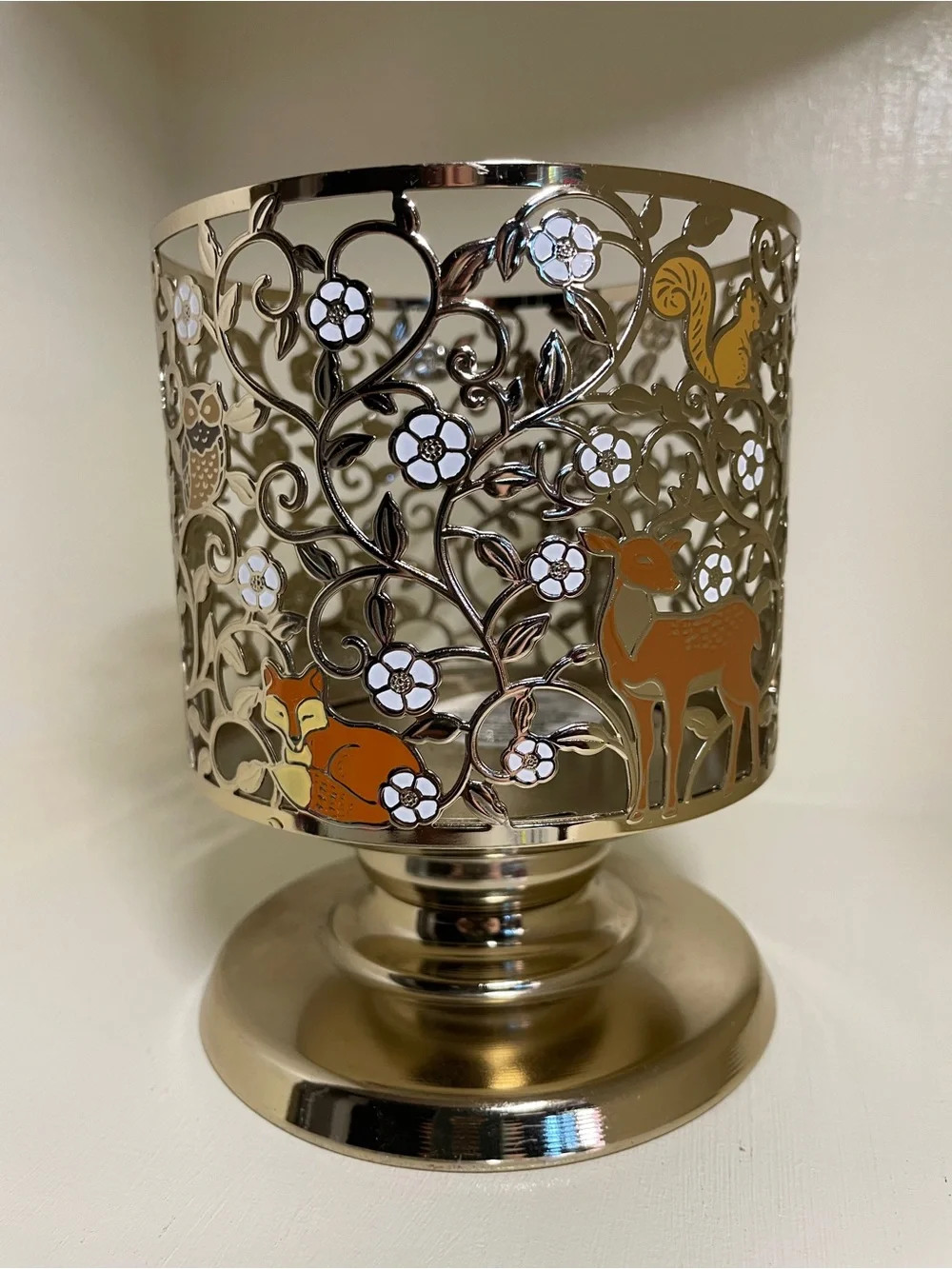 Bath & Body Works Gold Candle Holder with Orange Forest Animal Accents